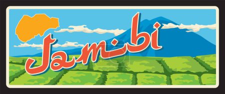 Illustration for Jambi province in Indonesia, Indonesian Asian landscape. Vector travel plate, vintage tin sign, retro welcome postcard or signboard. Old plaque with map and mountains, coffee plantation - Royalty Free Image