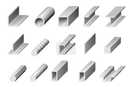 Illustration for Rolled steel metal and stainless profiles of bar, square angle plate and tube, vector isometric section icons. Rolled iron rail and metal beam rod, building or metallurgy engineering metallic armature - Royalty Free Image