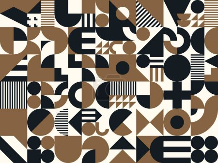 Illustration for Black, golden and beige abstract geometric pattern, vector modern background. Retro geometric shapes pattern tile with vintage mosaic art style and minimal simple elements and colors for interior - Royalty Free Image