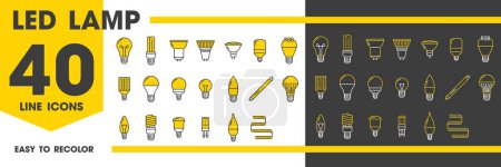 Illustration for Led and light bulb lamps line icons set. Vector modern illumination equipment. Diode, fluorescent, halogen or filament electrical bulbs for energy efficiency, innovation and versatile lighting options - Royalty Free Image
