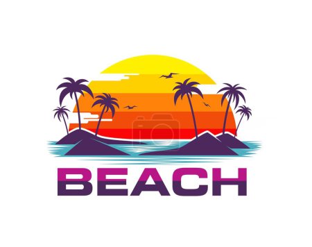 Ilustración de Icono tropical de la playa de verano con palmeras en las islas, puesta de sol vibrante y olas del océano turquesa. Etiqueta vectorial aislada con paraíso, vacaciones de verano, viajes exóticos y relajarse en el resort - Imagen libre de derechos