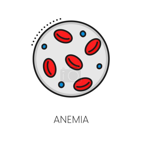 Illustration for Hematology, anemia disease color line icon. Cardiology test, hematology medicine diagnose or anemia disease symptom linear vector pictogram or symbol with blood cells under microscope - Royalty Free Image