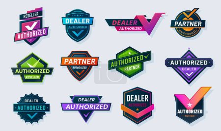 Illustration for Authorized dealer, seller and distributor seals, official mark labels, vector signs. Authorized partner and reseller emblems, dealer shop and distributor store badges for official commerce company - Royalty Free Image