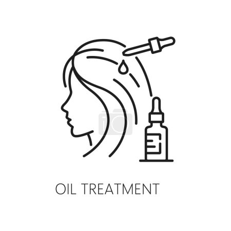 Illustration for Skin oil treatment and hair care outline icon. Spa or beauty salon product, hair health cosmetics outline vector symbol with woman applying oil treatment to hair with dropper - Royalty Free Image