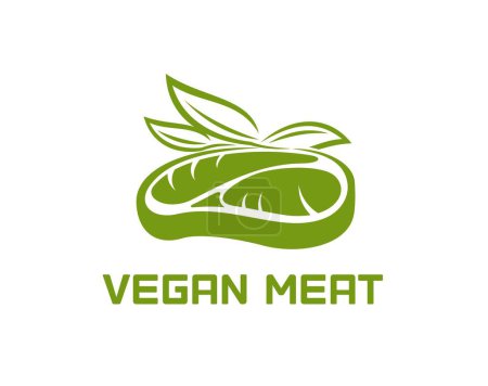 Illustration for Vegan beef steak meat, plant protein, vegetable meal icon. Isolated vector emblem with green leaves and cut of meatless steak. Healthy vegetarian food, organic plant-based cuisine restaurant or shop - Royalty Free Image