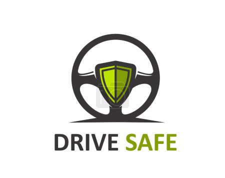 Illustration for Safe drive logo icon, driving school symbol, features car steering wheel and green shield, symbolize driver protection, safety and caution. Isolated vector emblem of secure vehicle transportation - Royalty Free Image