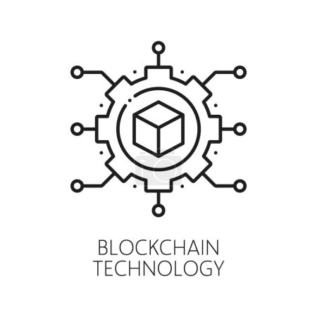Illustration for Blockchain Internet transaction, cryptocurrency web technology, fintech thin line icon. Cryptocurrency digital technology, blockchain fintech outline vector symbol with cog wheel, motherboard trace - Royalty Free Image