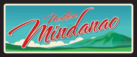 Nord de Mindanao Philippines zone administrative ou région. Plaque de voyage vectorielle, panneau vintage en étain, carte postale de vacances rétro ou panneau de voyage. Plaque avec chaîne de montagnes Kitanglad à Bukidnon