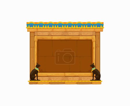 Cadre de jeu d'arcade, Égypte ancienne. Mur de pierre égyptien vintage. Texture vectorielle de bande dessinée, construction de civilisation passée avec des hiéroglyphes, monument de divinité de chat Bastet. Quiz historique, actif du puzzle gui