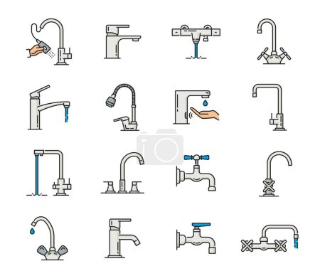 Illustration for Tap bathroom and kitchen faucet icons of bath water sink, vector outline symbols. Kitchen or bathroom tap faucet types with water drops, hands and valves and mist pipe in line pictograms - Royalty Free Image