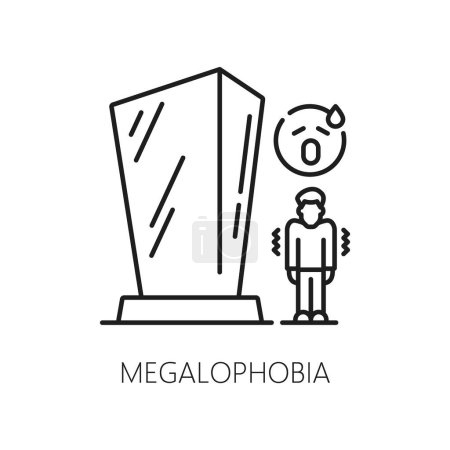 Illustration for Human megalophobia phobia icon, mental health. Fear of large objects, mental disorder, people psychology problem linear vector icon. Human phobia thin line pictogram or symbol - Royalty Free Image