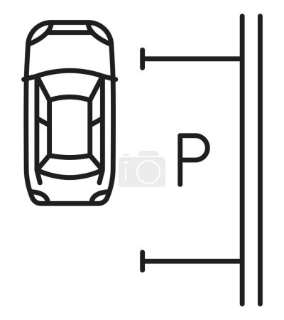 Icono de línea de aparcamiento, servicio de garaje o zona de aparcamiento del vehículo signo de información, esquema de vectores. Reglas y reglamentos del estacionamiento de la calle para el área pública de transporte, símbolo de marcado de estacionamiento de garaje
