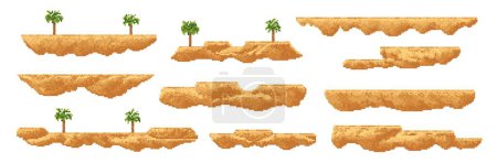 Ilustración de 8 bit arcade pixel art juego de palma, dunas de arena y plataformas oasis, vector activos de entorno de interfaz de usuario. Retro 2d plataformas de salto flotante de videojuegos, islas de playa exóticas y bloques de desierto con árboles tropicales - Imagen libre de derechos