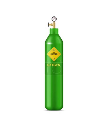 Illustration for Realistic oxygen gas cylinder, compressed gas metal balloon. Isolated vector green, labeled tank with pressure valve and gauge, essential for respiration, medical and industrial applications. - Royalty Free Image