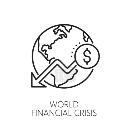 Illustration for Global economic crisis and downturn line icon. Company crisis gander, economy money loss or financial bankruptcy problem linear vector pictogram with globe, dollar currency sign and down arrow - Royalty Free Image