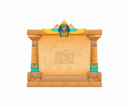 Arcade game frame, ancient Egypt. Vintage Egyptian stone wall. Cartoon vector texture, past civilization construction with pillars and deity or pharaoh monument. Historical quiz, puzzle game gui asset