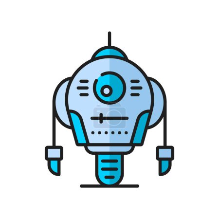 Ilustración de Icono de línea de color robot, personaje androide robótico de dibujos animados o robot androide en la rueda, contorno del vector. Robot retro cyborg con brazos mecánicos, máquina robótica o robot espacial alienígena y androide cibernético - Imagen libre de derechos