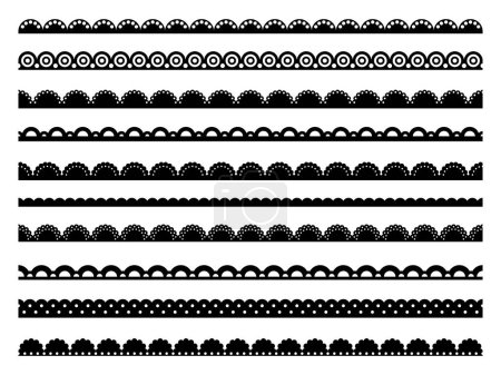 Illustration for Scallop edge lace borders, frames and dividers, frill ribbons, fabric patterns set. Black border lines vector silhouettes with seamless pattern of waves, floral crochet lace, eyelet trim textile band - Royalty Free Image