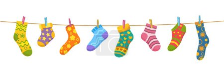 Illustration for Cotton and wool socks on clothesline. Socks hanging on a rope with clothespins, vector cute baby laundry. Cartoon foot clothes with color hearts, stars, stripes and flowers pattern drying on string - Royalty Free Image