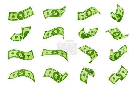 Flying cartoon banknotes, dollar cash money bills, falling and swirling green banknotes of usd currency. Vector money rain and banknote shower, business success, lottery and casino game prize concept
