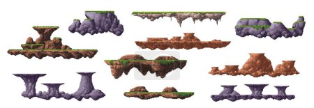 Téléchargez les illustrations : Jeu d'arcade pixel art 8 bits plates-formes de montagne et au sol, actifs vectoriels UI. Retro vidéo et jeu d'arcade informatique plates-formes de roche pixellisées 2d, îles de pierre flottante et blocs avec herbe verte, mousse - en licence libre de droit