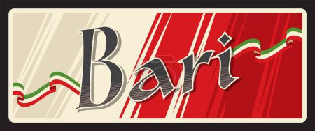 Illustration for Bari italian city sticker, retro travel plate, vintage travel destination. European travel retro sticker, vector tin sign. Italy vintage postcard or plate with flag, vintage typography banner - Royalty Free Image