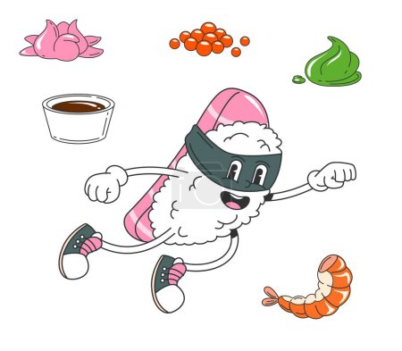 Ilustración de Personaje superhéroe de sushi retro de dibujos animados con cuerpo de arroz, máscara de algas marinas y rebanada de salmón en la espalda, empuña salsa de soja, wasabi, jengibre, caviar y camarones, volando con un puño hasta villanos de batalla - Imagen libre de derechos