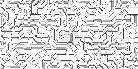 Illustration for Circuit board seamless pattern, computer motherboard background. Vector technology motif with chips, pathways, electronic components and soldered connections. Interconnected monochrome tile design - Royalty Free Image