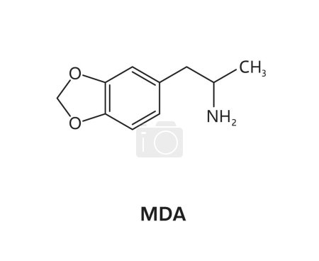 Ilustración de Fórmula de drogas orgánicas, estructura molecular sintética MDA. Compuesto de biomolécula de drogas sintéticas, modelo bioquímico narcótico adictivo o esquema de vector de molécula de sustancia MDA ilegal - Imagen libre de derechos