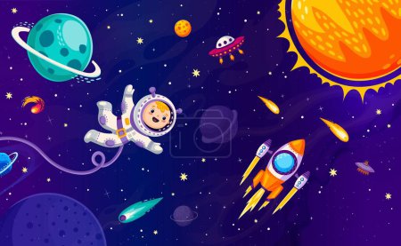Illustration for Cartoon kid astronaut character in outer space, galaxy planets and flying starship. Little boy cosmonaut exploring the vast expanse of the universe floats among planets and encounters majestic shuttle - Royalty Free Image