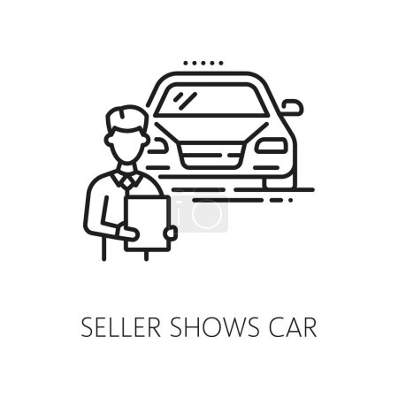 Illustration for Auto dealer, car company, dealership linear icon. Car sale salon, auto rental dealership or automobile service distributor outline vector icon or sign with official dealer manager character - Royalty Free Image