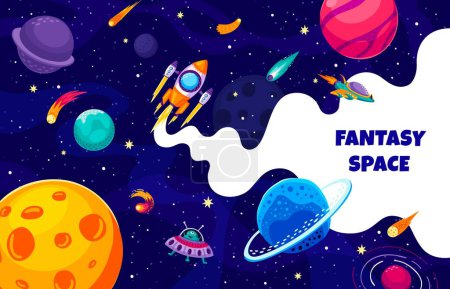 Illustration for Space rocket, spacecraft and ufo in galaxy between planets and stars. Vector cartoon banner for universe exploration, astronomy science, cosmic investigations with colorful alien celestial bodies - Royalty Free Image