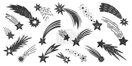 Ilustración de Doodle estrellas espaciales fugaces con senderos, cometas galácticos caídos y siluetas de meteoros. El meteorito cósmico dibujado a mano traza símbolos vectoriales monocromáticos aislados. Rayas de luz y energía en movimiento - Imagen libre de derechos