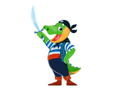 Illustration for Cartoon funny crocodile animal pirate sailor character, croc corsair seaman. Isolated vector rover or boatswain reptile personage with saber, sailing the high seas in search of treasure and adventure - Royalty Free Image