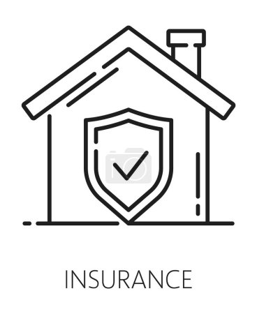 Illustration for Real estate icon. Insurance for house sign. Commercial real estate rent or sale service or home insurance company outline vector pictogram or symbol with cottage house protected by shield - Royalty Free Image