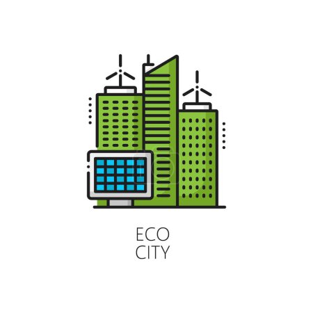 Illustration for Clean power, eco city, green energy linear icon. Green power, renewable energy station or eco metropolis outline vector symbol or color pictogram with city skyscraper wind turbine and solar panel - Royalty Free Image