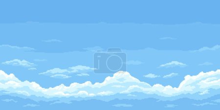 Illustration for 8bit pixel blue sky background with clouds, cloudy game landscape background. Vector heaven cloudscape, gaming level with retro pixelated 2d graphics, create a charming nostalgic natural atmosphere - Royalty Free Image