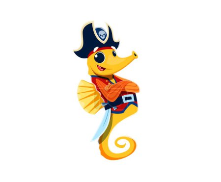 Illustration for Cartoon seahorse animal pirate corsair character. Isolated vector plucky hippocampus underwater captain personage with tricorn hat, eye patch and cutlass, seeking treasures and adventure on sea bottom - Royalty Free Image