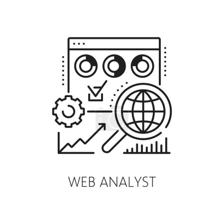 Analyste Web, icône informatique spécialisée pour la gestion des données, l'analyse et le rapport de projet Web, vecteur de ligne. Pictogramme Web analyste de l'intégrité des données et spécialiste de la sécurité des serveurs dans la performance des projets numériques