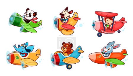 Illustration for Cartoon cute baby animals characters on planes. Panda and zebra, elephant and rabbit, bear, monkey animal kid airplane pilots in sky. Funny pilots vector personages on retro biplanes with propellers - Royalty Free Image