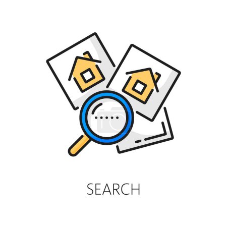 Illustration for Real estate search icon for residential house, home or commercial office rental and sale, color line vector. Real estate agent or realtor service icon of magnifier search and houses for web app - Royalty Free Image