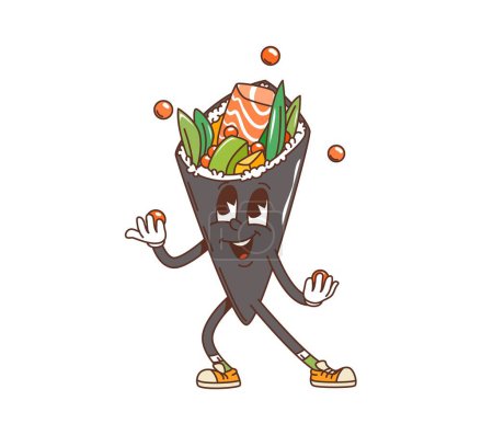 Téléchargez les illustrations : Dessin animé japonais temaki sushi personnage groovy. Personnage alimentaire japonais vibrant vecteur isolé, enveloppé dans des algues, rempli de garnitures fraîches comme le poisson et l'avocat, jonglant avec des boules de caviar exsudant de la joie - en licence libre de droit