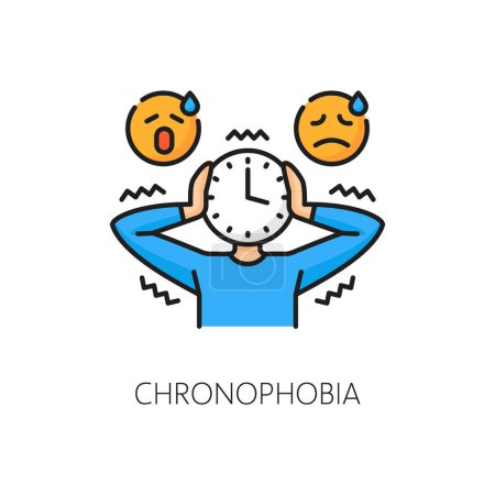 Chronophobie phobie, peur du temps ou trouble d'anxiété mentale et névrose, icône de la ligne vectorielle. Psychologie et santé mentale ou problème cognitif de l'esprit, icône de contour de la personne atteinte de phobie chronophobie