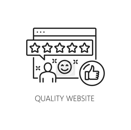 Ilustración de Sitio web de calidad SEM, motor de búsqueda icono vector de marketing de la página web o sitio web con estrellas de ranking. Revisión de clientes, programa de fidelización de clientes, comentarios de satisfacción y pulgar hacia arriba signos de línea delgada - Imagen libre de derechos