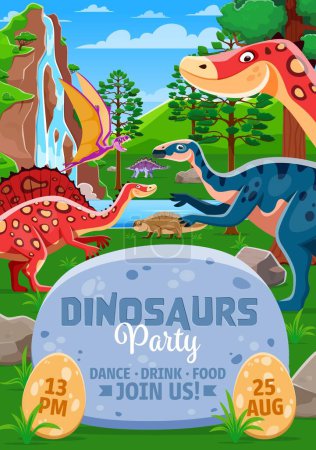 Flyer de fête Dino, personnages de dinosaures de bande dessinée dans la forêt de jungle tropicale, affiche d'événement de divertissement vectoriel pour enfants. Flyer d'invitation de fête dinosaure avec des reptiles du parc jurassique et des personnages drôles de dino