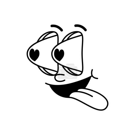 Illustration for Groovie cartoon face with hearts in eyes and wow tongue out, vector funny comic emotion. Retro groovy face with in love goggle eyes, stare looking emoji or retro doodle line art emoticon character - Royalty Free Image