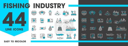 Illustration for Fishing industry line icons of fishery boat and fishes or seafood, vector symbols. Fishery plant or factory icons with fish trap, trawling fishnet and fisherman baits for fish food production - Royalty Free Image