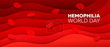 Illustration for Hemophilia day, red blood paper cut banner background. 3d vector erythrocyte cells on liquid papercut waves. Medical health care awareness symbolizing strength and resilience against bleeding disorder - Royalty Free Image