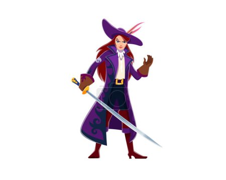 Cartoon woman pirate character with a fierce gaze, sports a wide-brimmed hat with feather and vibrant purple coat, brandishing a gleaming saber, ready for adventure. Isolated vector bold girl corsair