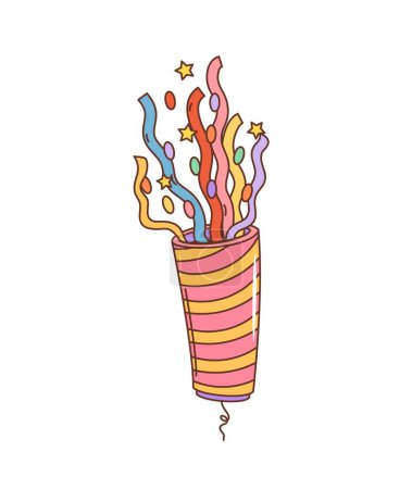 Téléchargez les illustrations : Rétro dessin animé groovy fête popper vacances. Vecteur isolé vibrant, canon à confettis vintage, éclatant de couleurs psychédéliques et funky, oscillant des vibrations des années 60, capturant l'esprit joyeux de la célébration - en licence libre de droit